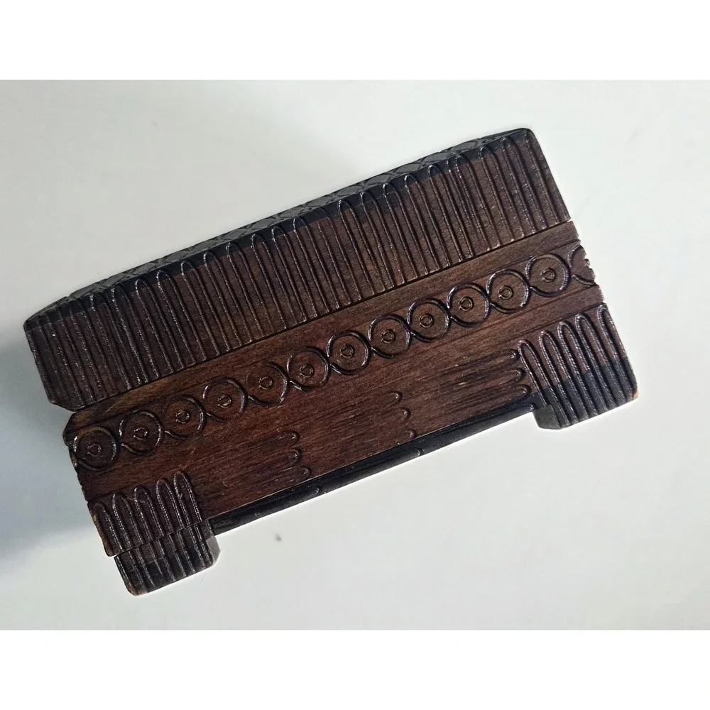 Vintage Polish Wooden Box Hand Carved Pyrography Hinged Trinket Wood Jewelry Box